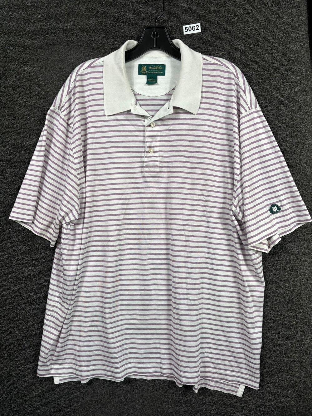 Brooks Brothers Polo Shirt Mens XL White Purple Striped St Andrews Links Golf